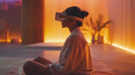 Poster - A person wearing a virtual reality headset sits cross legged in a calming environment. Soft ambient lighting and a serene atmosphere enhance the focus on mental wellness through digital therapy.