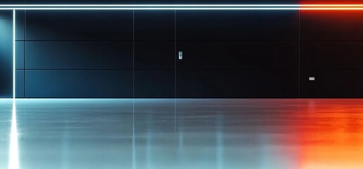 Poster - A modern and rough 3D rendering of a glowing LED lit garage or car warehouse that features dark grunge and reflective styles with orange and white cement, resembling a spaceship corridor, tunnel, or