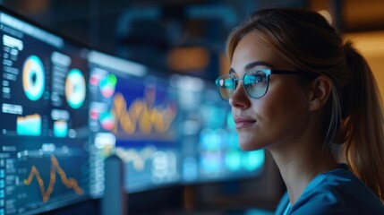 Poster - A focused individual analyzes data on multiple screens showcasing digital therapy trends, emphasizing the importance of mindfulness and mental health technology in telemedicine.
