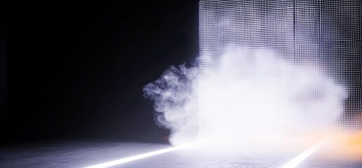 Poster - A 3D rendering of an empty underground parking garage with a dark neon laser smoke fog and orange glowing fluorescent ambiance on a concrete reflective grunge background for a car showcase