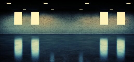 Poster - In a 3D rendering, a car garage corridor is showcased with a cyber underground theme and neon glowing white lights, set against a realistic urban background that incorporates brick, cement, asphalt,