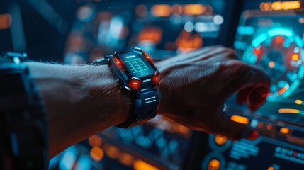 Poster - A person interacts with a high tech interface while wearing a digital therapy device. The setting is illuminated with vibrant colors, promoting mindfulness and mental health.