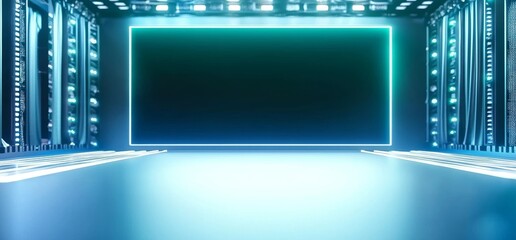 Poster - A 3D rendering of a dark studio warehouse features laser and led glowing studio lights on a stage concert showroom podium with a virtual night blue cyber alien spaceship theme