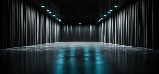 Poster - A stage concert showroom podium in a dark studio warehouse is depicted in a 3D rendering with laser and led glowing studio lights and a virtual night blue cyber alien spaceship theme