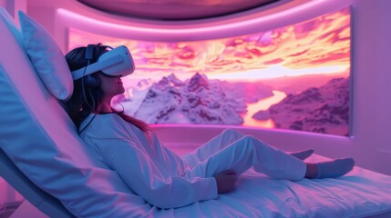 Poster - A person relaxes in a comfortable space while using virtual reality technology to engage in a mindfulness exercise, surrounded by vivid, scenic imagery that promotes relaxation.