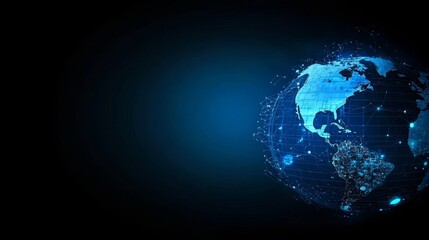 Poster - The concept of a global world network in communication technology, featuring connection lines encircling the Earth Globe and the motion of digital data flow, set against a futuristic technology theme