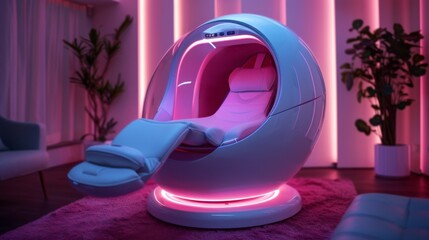 Aufkleber - A unique therapy pod features a sleek design with soft pink lighting, inviting users to experience mindfulness and telemedicine services in a tranquil setting.