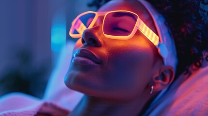 Poster - A person relaxes with illuminated glasses, experiencing digital therapy in a tranquil setting. The ambient light creates a peaceful atmosphere promoting mindfulness and mental wellness.