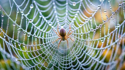 A Dew-Kissed Spiderweb with a Spider at its Center, a Masterpiece of Nature's Intricate Design, Captured in Stunning Detail