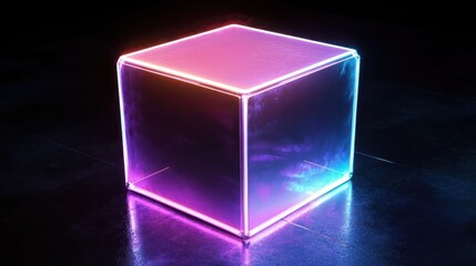 Poster - Illuminated Glass Cube Neon Glow Abstract Art