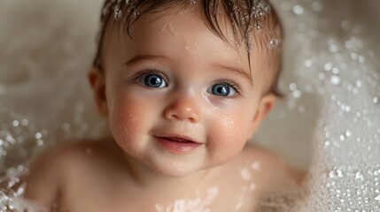 Poster - Tiny hands reach out as a joyful baby gazes upwards through a sea of bubbles, mesmerized by the playful water surrounding them. This moment captures pure innocence and wonder