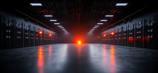 Poster - A 3D rendering of a sci-fi futuristic industrial background featuring a grunge hangar with cyber neon elements in purple, blue, red, and set amidst a retro warehouse, underground parking, steel,