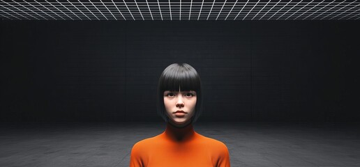 Poster - A 3D rendering depicts a modern hexagon-shaped showroom with glowing white and neon blue lights, located in a futuristic underground tunnel corridor made of concrete and cement, bearing resemblance