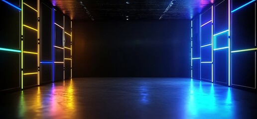 Poster - A futuristic stage with neon laser vibrant glowing sci-fi elements and a glossy metal finish, set in a cyber hangar warehouse with a purple and blue glowing 3D rendered background
