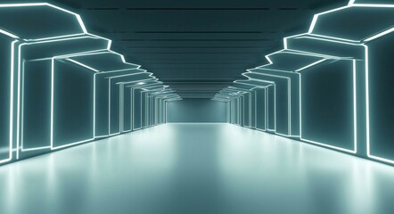Poster - A futuristic spaceship interior with abstract corridors set against a blue background, created using 3D rendering techniques