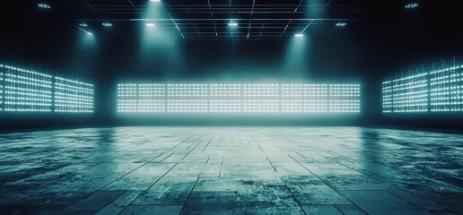 Poster - A futuristic spaceship's dark tunnel corridor and hangar garage are illuminated by neon laser blue white LED lights in a modern sci-fi setting with a glossy metal showroom and empty stage in a 3D