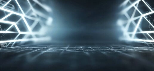 Poster - A 3D rendering shows a futuristic spaceship's modern and sleek hangar garage and dark tunnel corridor, complete with neon laser blue white LED lights and an empty stage, all presented in a glossy
