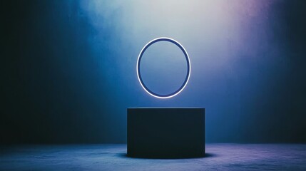 Poster - The sci-fi interior concept of a futuristic podium features a blank product pedestal with a futuristic blue glowing empty showcase, presented against a futuristic background that showcases design