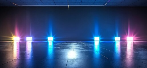 Poster - The cyber hangar warehouse background features a futuristic stage with a glossy metal finish, incorporating neon laser vibrant glowing sci-fi elements and a purple and blue glowing 3D rendering
