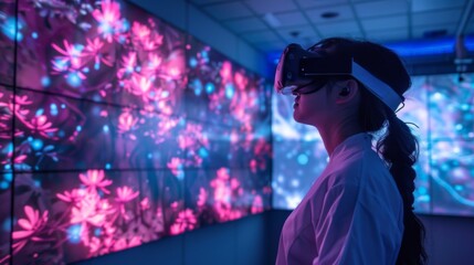 Poster - A person engages with immersive digital therapy in a mental health center, surrounded by vibrant visual displays that promote mindfulness and well being through technology.