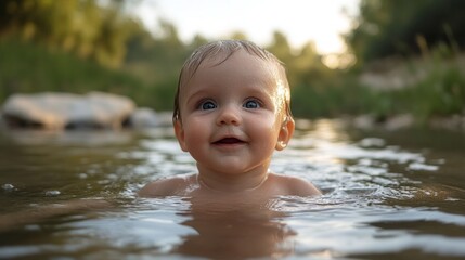 Poster - Bubbling with joy, a cheerful baby floats in gentle waters, gazing upward at the bright sky. Surrounding greenery sparkles in the sunlight, creating a delightful atmosphere of nature and innocence