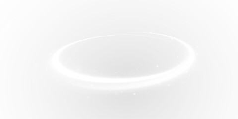 Poster - luminous circular light trail hovering in a foggy white space, radiating elegance and mystery with a