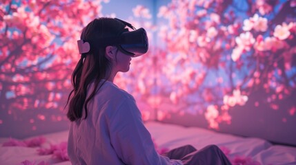 Poster - A person immersed in virtual reality experiences tranquility surrounded by blooming cherry blossoms, focusing on mental health and mindfulness practices.