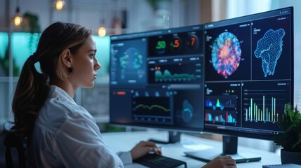 Poster - A professional focused on data analysis in a modern office setting, utilizing digital tools to enhance mental health strategies through mindfulness and telemedicine applications.