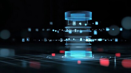 Poster - A 3D abstract neon background featuring a geometric design with polygonal elements, evoking a cyber space and virtual reality atmosphere, complete with a podium for showcasing products and surrounded