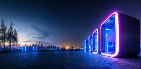 Poster - A futuristic setting featuring neon lights and an interior Hdri, complete with a 360 panoramic view of a cyber garage room hangar adorned with sci-fi glowing blue tubes, alongside a vr projection of
