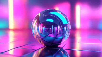 Poster - Reflective Sphere in Vibrant Neon Light Setting