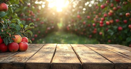 Poster - Orchard with Red Apples on Branch in Sunlight with Wooden Table in Front and Blurred Background