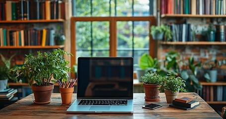 Poster - Laptop On A Wooden Desk With Potted Plants In Front Of A Bookshelf And Window