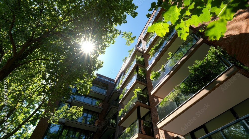 Image showcasing Eco-friendly architecture seamlessly blends with the natural world, as ...