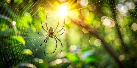 Golden Orb Weaver in Sunlight's Embrace, a Stunning Display of Nature's Intricate Design