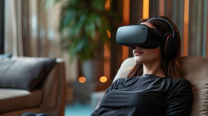 Poster - A woman relaxes in a comfortable setting while using virtual reality technology to engage in digital therapy, focusing on mindfulness and mental well being from her home environment.
