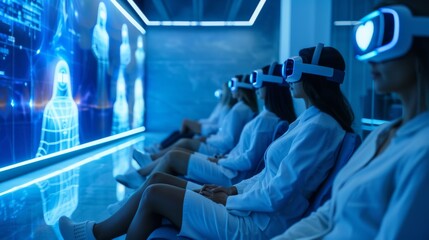 Poster - Individuals wearing virtual reality headsets participate in a digital therapy session focused on mindfulness and mental health. The setting is a sleek, futuristic telemedicine facility.