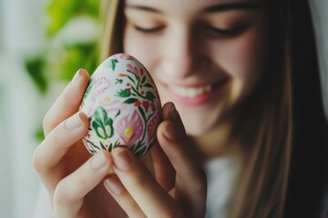 Wall Mural - Young woman admiring a beautifully hand painted Easter egg, expressing joy and creativity, surrounded by fresh greenery in soft natural light