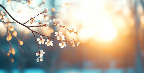Poster - Cherry blossoms are in full bloom, their delicate white petals contrasting beautifully with the soft glow of the sunset. This tranquil moment captures the essence of springtime in a natural setting.