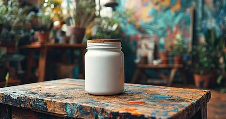 Aufkleber - White Jar With Cork Lid On a Splattered Wooden Table in a Studio with Plants