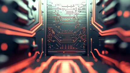 Fototapete - The background is a futuristic sci-fi abstract texture with detailed geometric lines and robotic technological shapes, generated as a 3D render of a science fiction surface