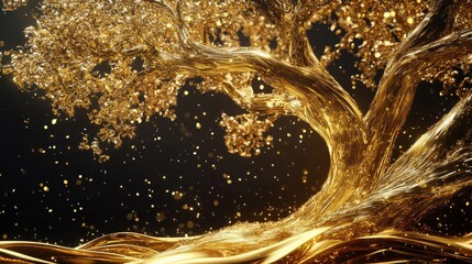 Poster - Golden Tree of Liquid Light Shimmering in Darkness