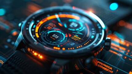 Poster - A smartwatch displays vibrant graphics related to digital therapy and mindfulness apps, illustrating features that focus on mental health and telemedicine support for users.