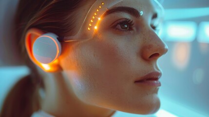 Poster - A young individual engages with an advanced digital therapy headset designed to enhance mindfulness and mental health through telemedicine in a modern, tech driven environment.