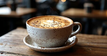 Poster - Close Up Of A Cappuccino Cup On Wooden Surface With Warm Lighting, Focus On Selective Focus and Bokeh Backgrounds
