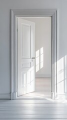 Poster - An open door stands in a minimalist white room, allowing natural light to pour in, casting gentle shadows on the pristine floor, creating a serene atmosphere perfect for reflection