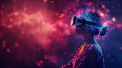 Poster - A person engages in a virtual reality session focused on mindfulness and mental health, surrounded by vibrant cosmic visuals that enhance relaxation and well being.