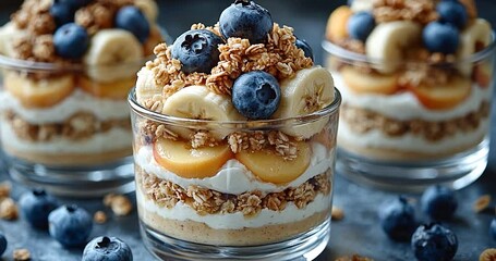 Poster - Layered Dessert with Banana Blueberry and Granola in Glasses on a Dark Background