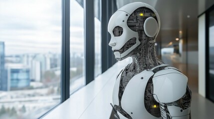 Poster - Futuristic AI robot standing by a large window, overlooking a cityscape, symbolizing innovation and efficiency in human resources.