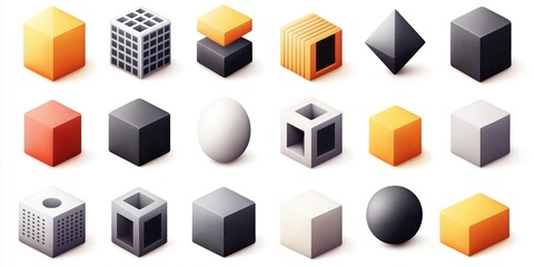 Aufkleber - A collection of 2D geometric objects in black, white, and orange, showcasing various forms and textures.